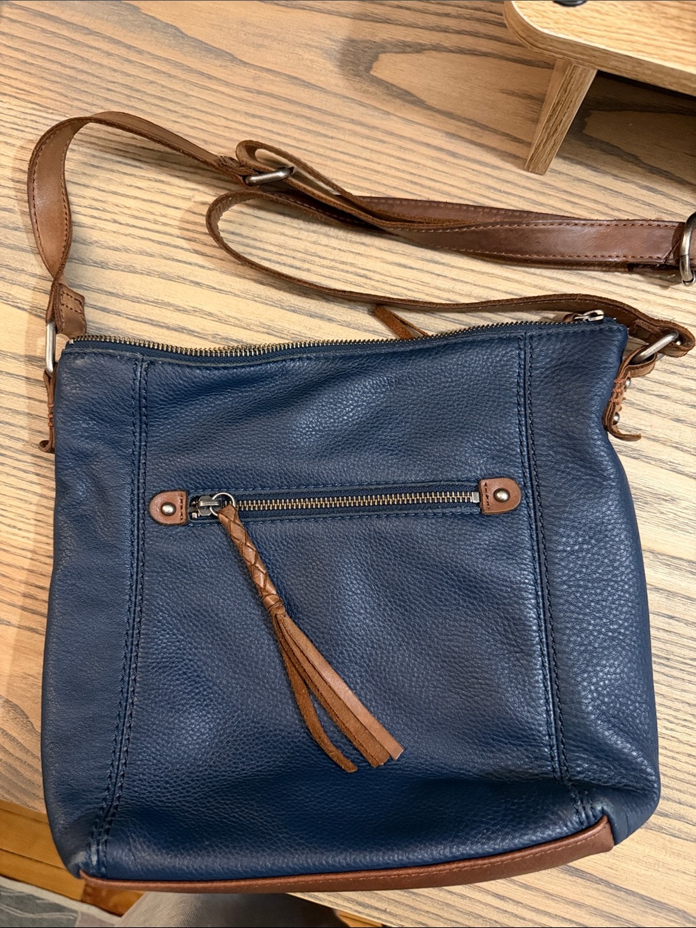 The Sak Navy and Tan Leather Crossbody Bag